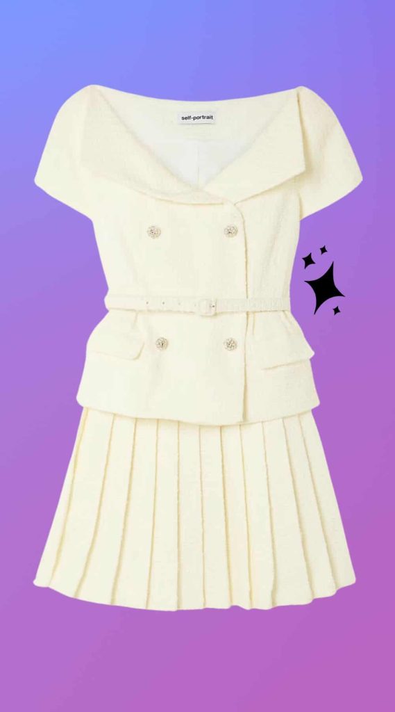 white Self Portrait Belted embellished bouclé mini dress