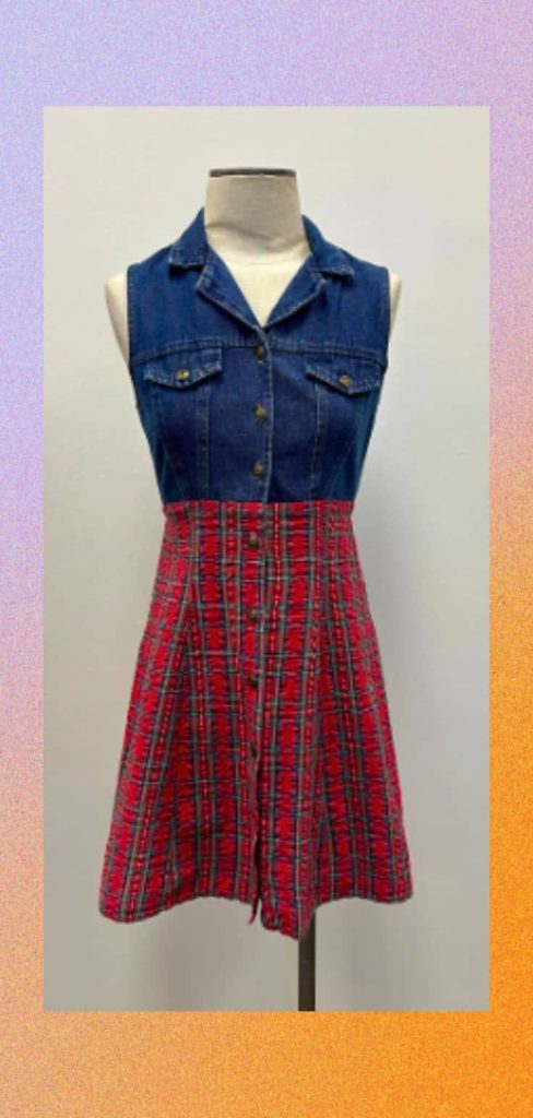 denim and red plaid skirt