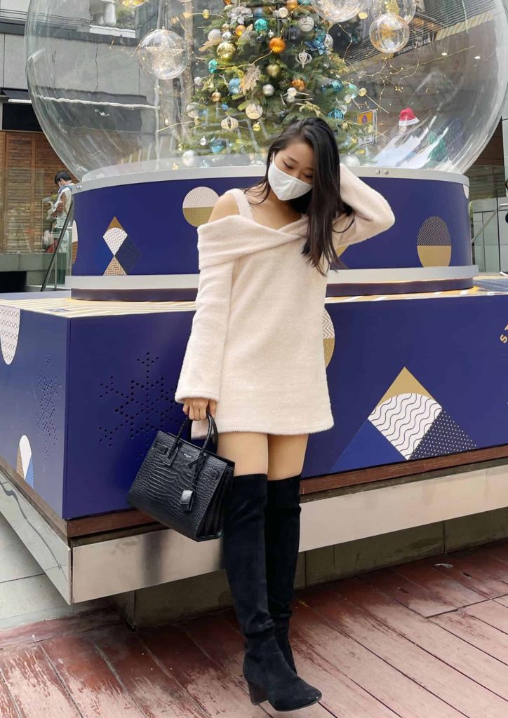 off shoulder dress and over knee boots