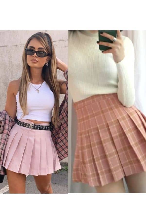 Pink mini pleated skirt outfit ideas