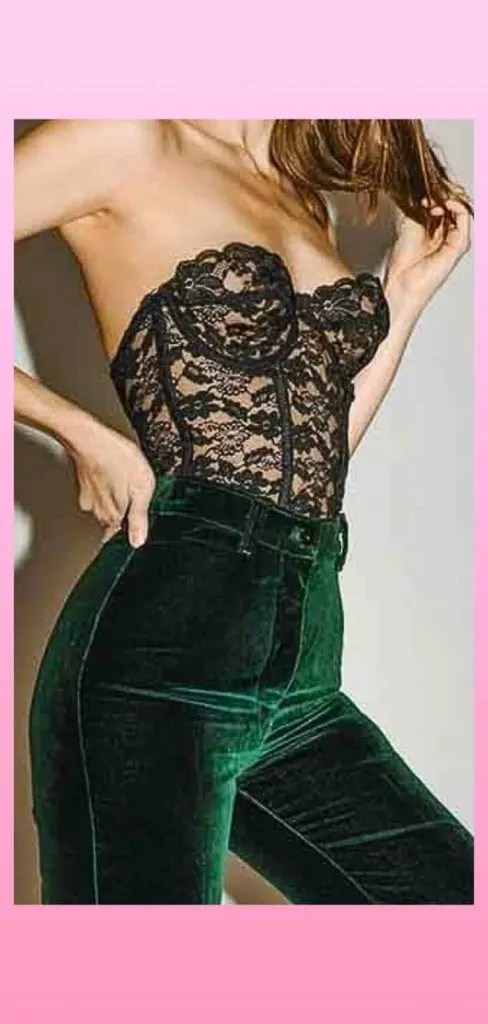 black lace top and emerald green pants
