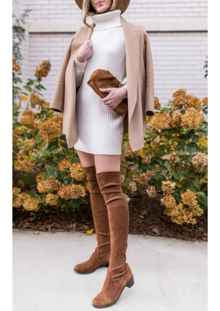 brown over knee boots outfit ideas winter