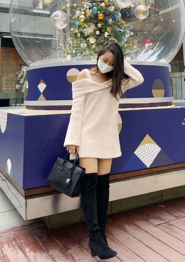 off shoulder dress and over knee boots